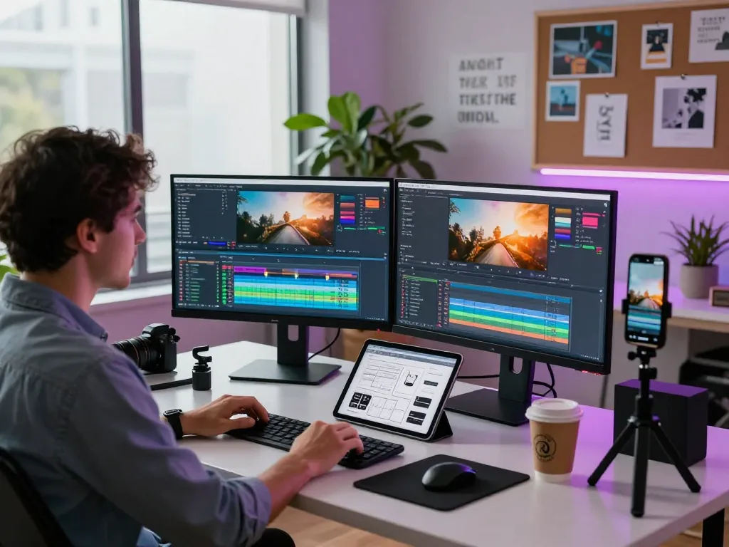 Creating engaging videos with Seedance AI in a vibrant digital workspace, showcasing modern editing tools and a creative atmosphere.
