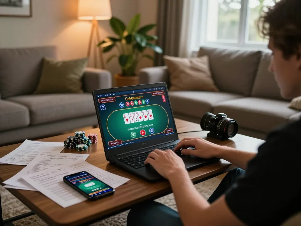 ee88 online casino gaming setup with person using laptop showing poker interface and strategy notes