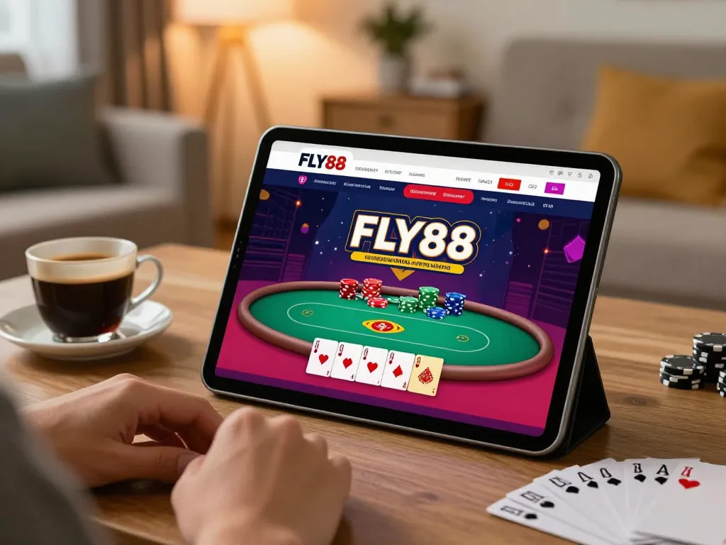 FLY88 user enjoying poker on tablet in comfortable, ambient home setting.