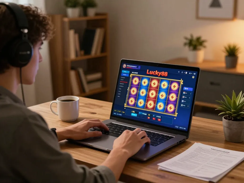 Engaged player enjoying a Lucky88 online gaming session at home, showcasing strategy notes and laptop.