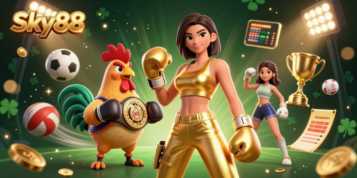 Sky88 depicts a thrilling betting scene with sports excitement, featuring a powerful woman and a championship rooster.