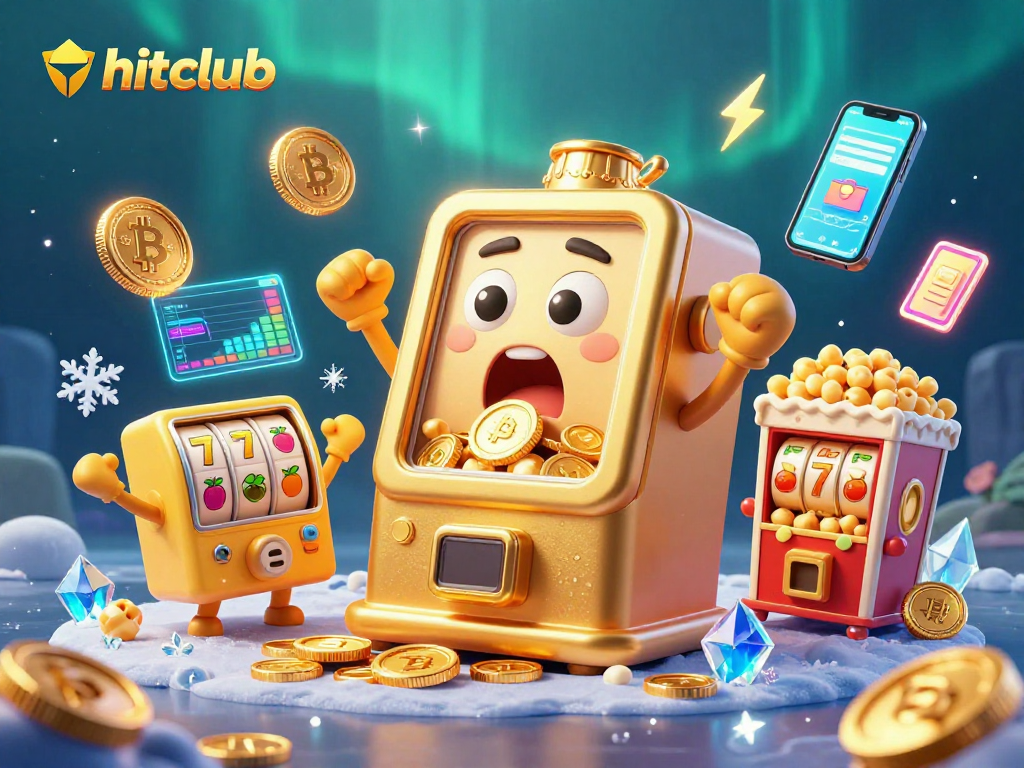 Hitclub slots jackpot scene with animated slot machines and crypto elements