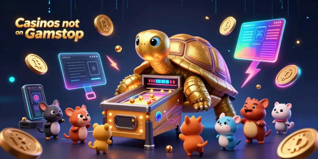 Engage at Casinos not on Gamstop with a lively scene featuring unique gambling elements and characters.
