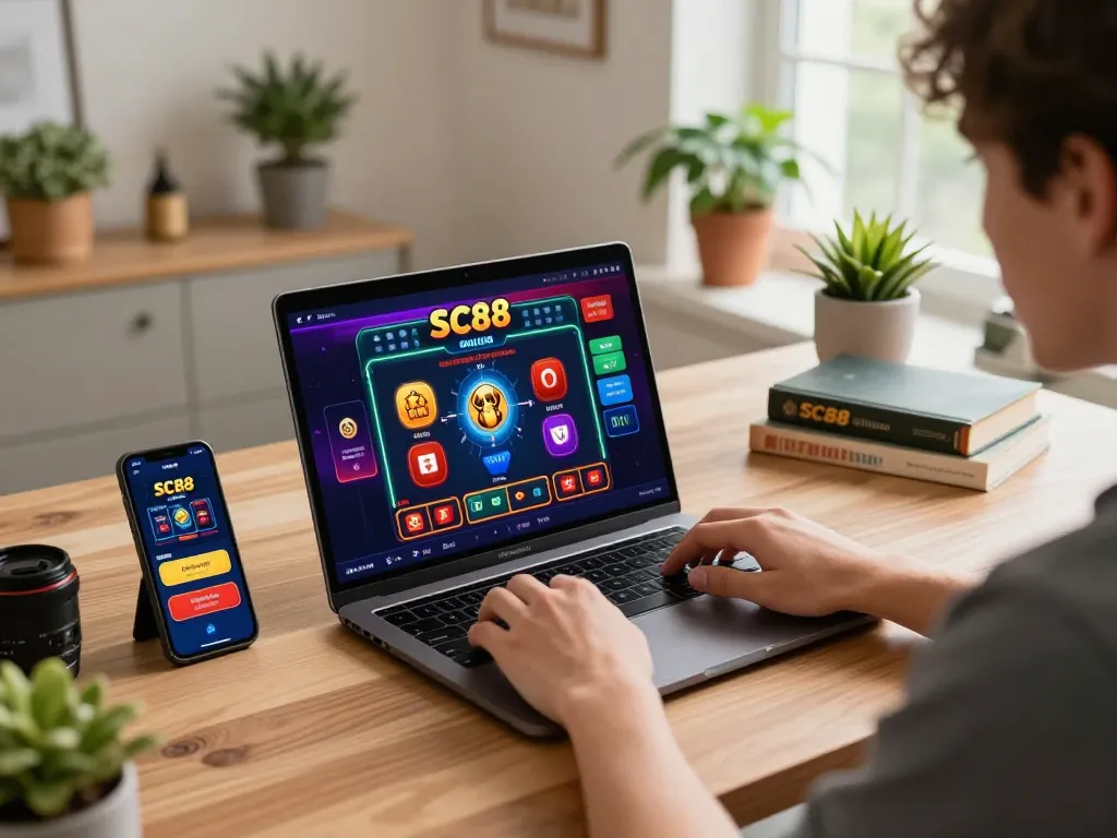 Engaging gaming experience with SC88 online casino game displayed on laptop, showcasing a vibrant home setup for strategic gambling.