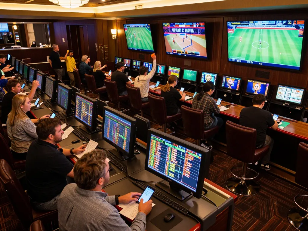 Action-packed sports betting excitement with GMNC, showcasing eager bettors placing wagers.
