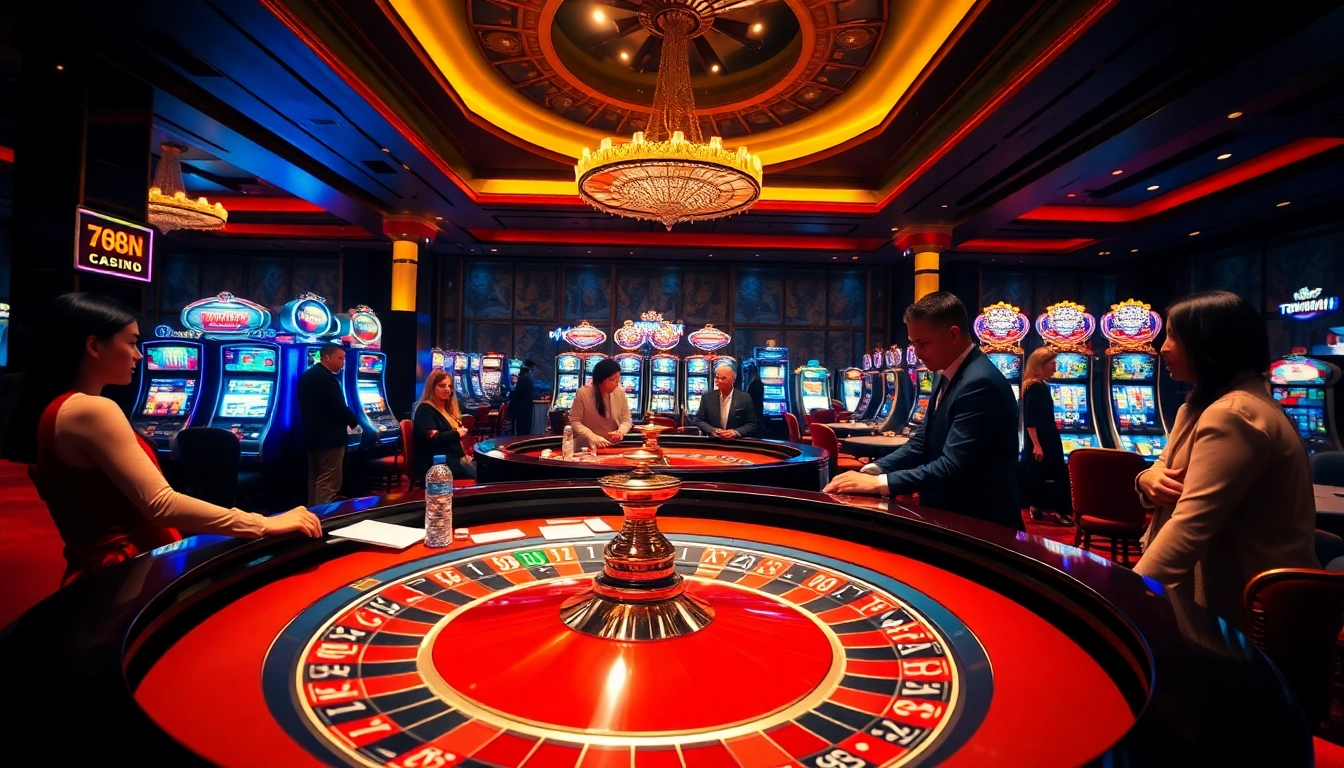 Experience the excitement at 789win casino with players engaging at a roulette table and vibrant slot machines.