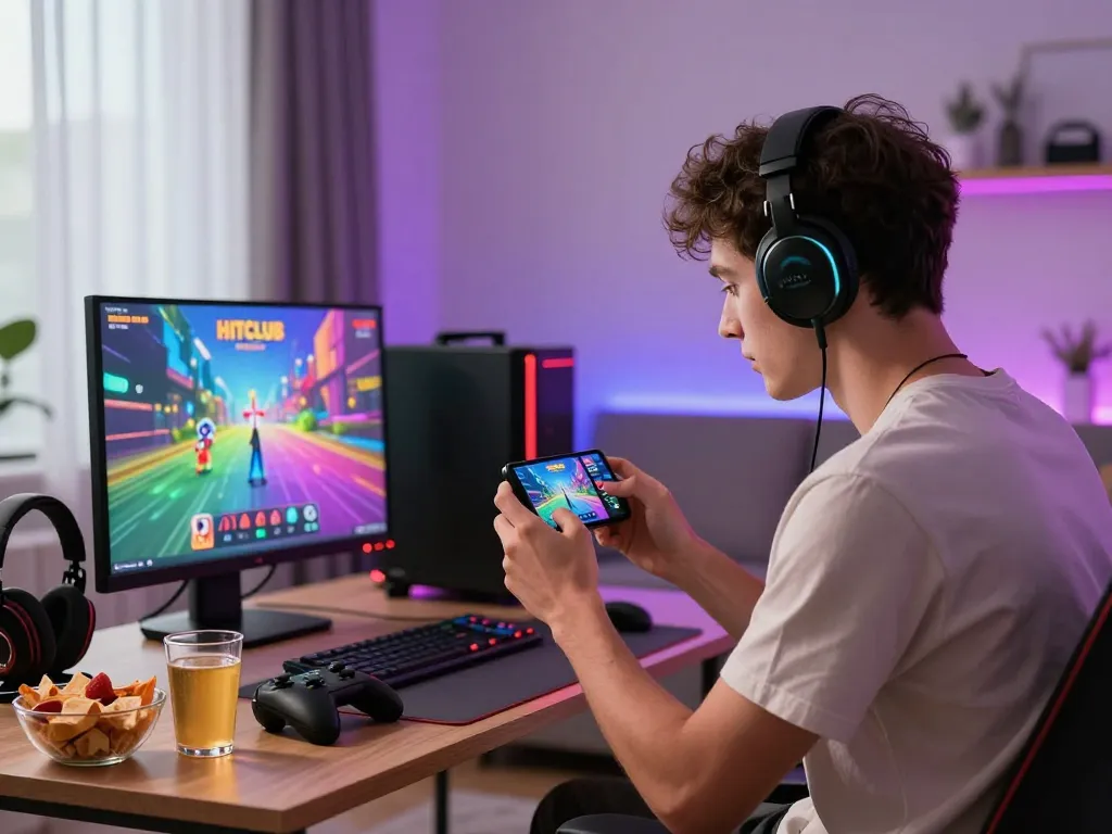 Engaged gamer playing Hitclub on smartphone, inviting excitement to tải game hitclub.