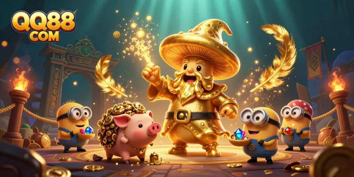 Experience thrilling adventures with QQ88 COM as the golden wizard and treasure-seeking pig dominate the casino realm!