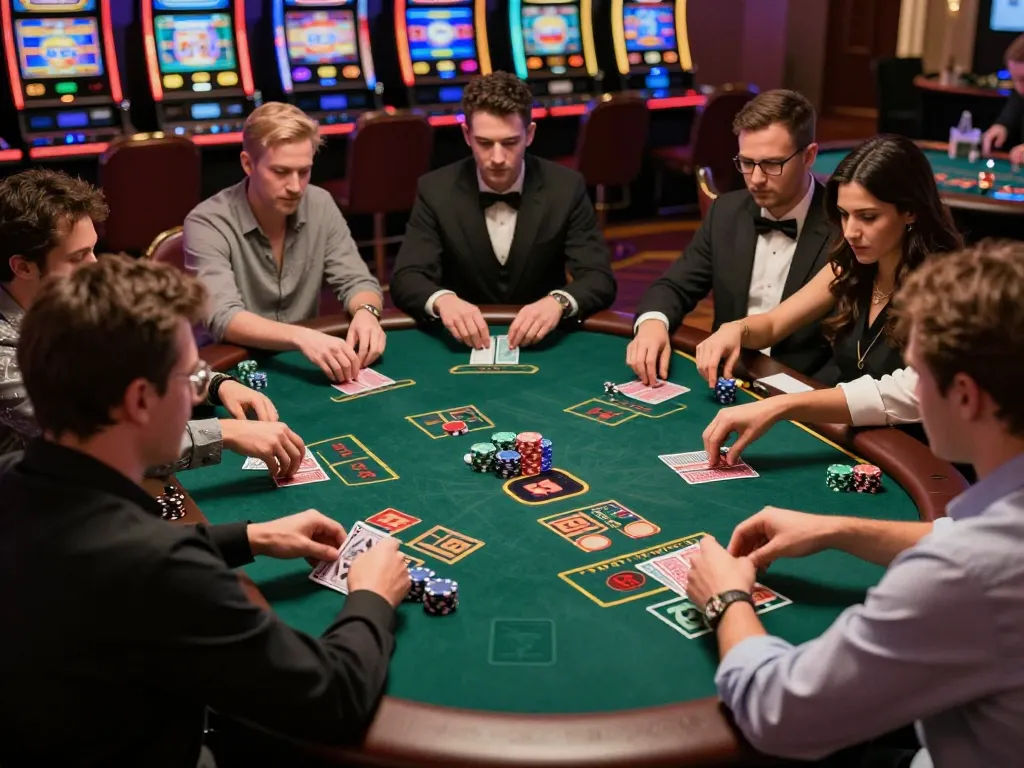 Players strategizing in a baccarat game at alc88 casino, showcasing focused gameplay and vibrant atmosphere.