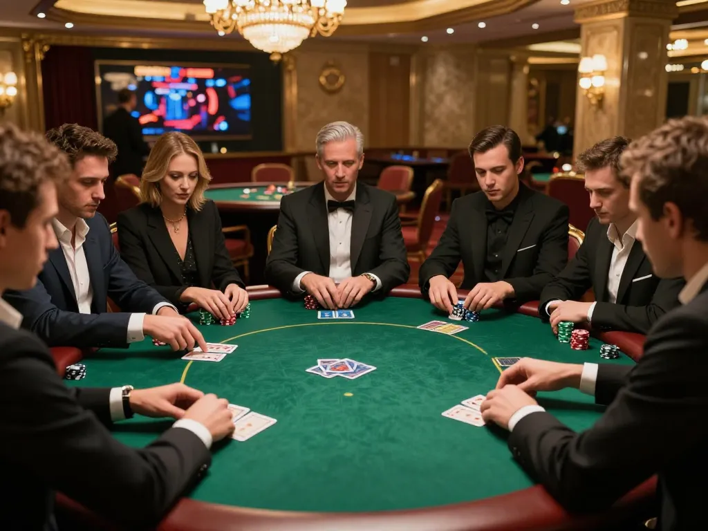 Intense poker gameplay at MM88 casino, players strategizing with cards and chips in elegant setting.