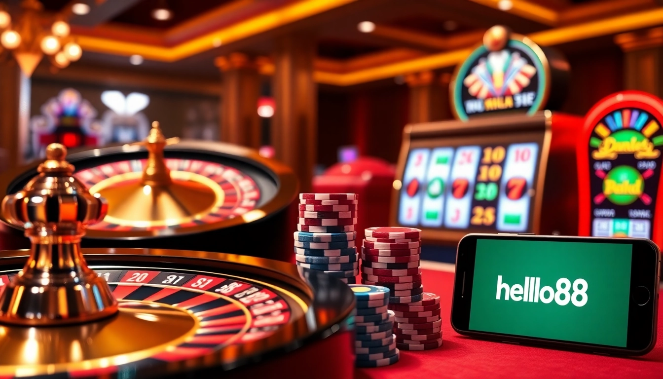 Experience the thrill of online gaming at trang chủ hello88 with poker chips and a roulette wheel.