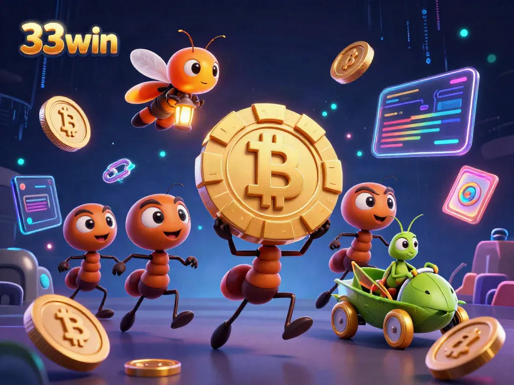Experience a thrilling 33win heist by cartoon ants with a golden poker chip and crypto elements.