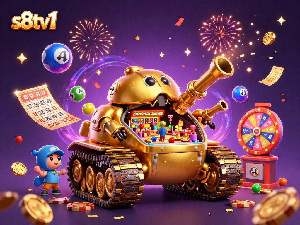 S8TV1 hosting a lively casino scene with colorful lottery balls and dynamic confetti effects