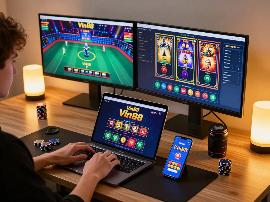 Engaging with Vin88 online platform through sophisticated home gaming setup.