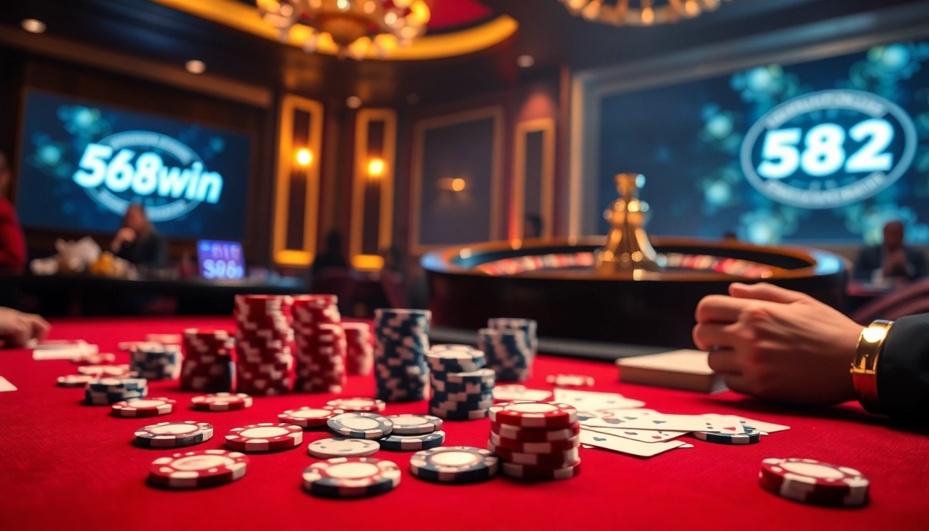 Experience the thrill of 58win 32 with vibrant casino tables, cards, and chips in an exciting gambling atmosphere.