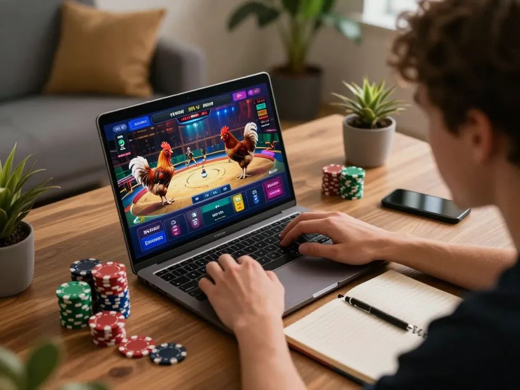 Betting at Nhà cái Wala88 with a focused player watching live chicken fights online.