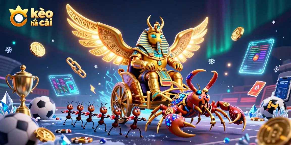 Capture kèo nhà cái excitement with a cartoon beetle, scorpions, and sports betting elements.