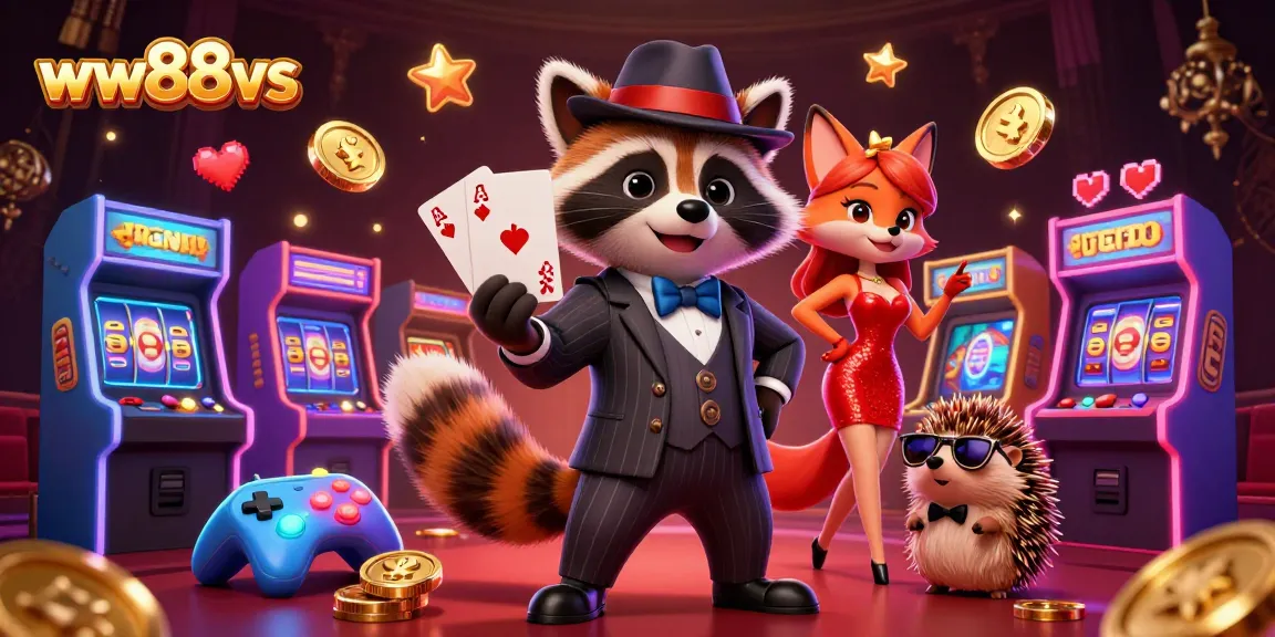 Win big at ww88vs with a charming raccoon holding poker cards in a vibrant casino setting.