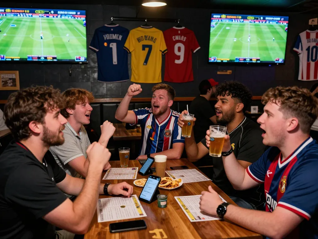 Engaging scene of kèo bóng đá excitement in a sports bar with fans cheering.