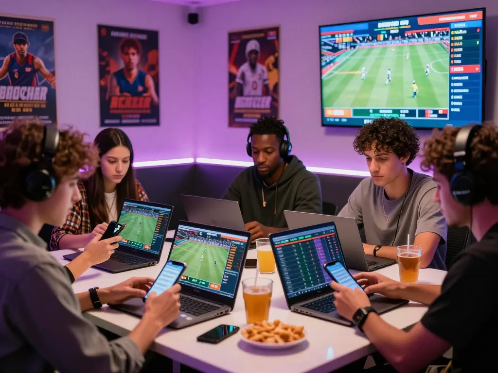 Exciting betting environment featuring users on smartphones and laptops for vaobong 1gom online gaming.