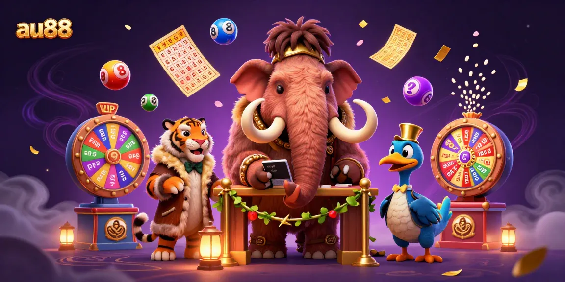 Experience the vibrant world of au88 with vibrant lottery elements and mascot characters in a dynamic casino setting.