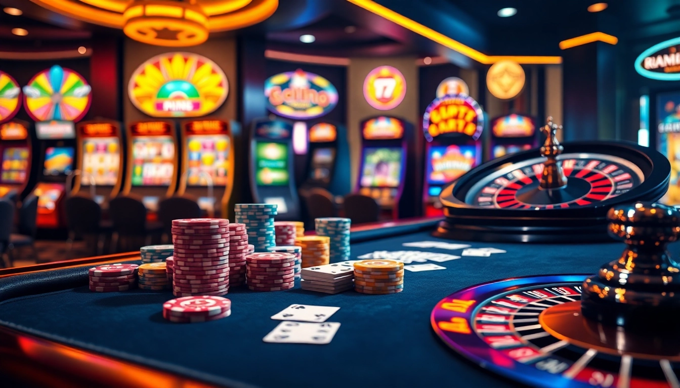 Kèo nhà cái 5 offers a thrilling casino scene highlighting poker chips and illuminated slot machines.
