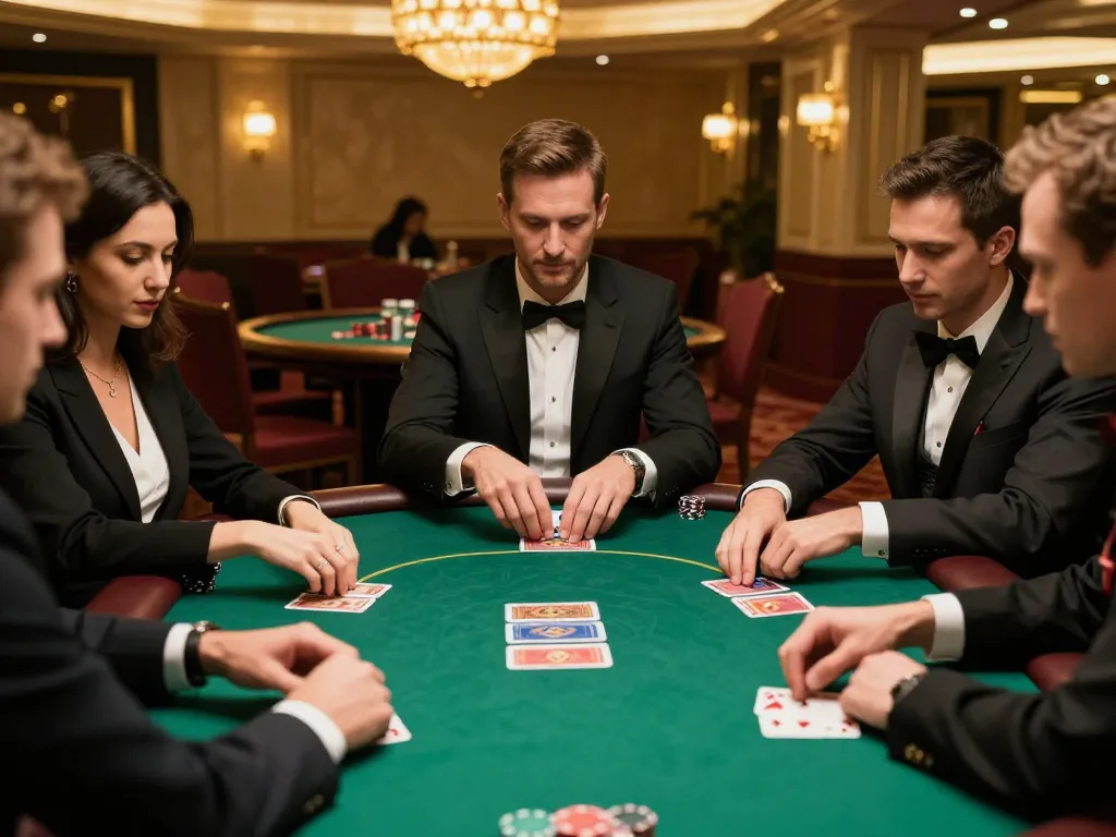 Engaging poker scene with players in action at an upscale casino featuring sunwin branding.