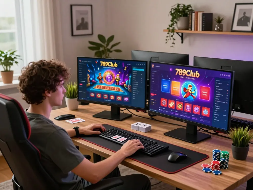 The person engaging in the immersive 789Club online gambling experience from a stylish home office setup
