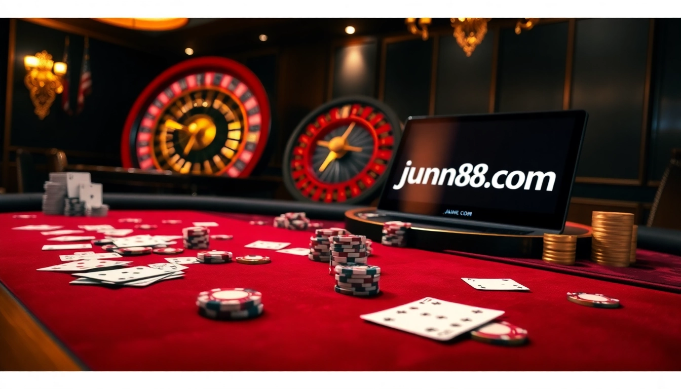 Experience high-stakes excitement at jun88.com with a dazzling casino poker table setup.