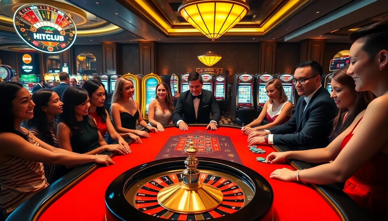 HITCLUB excitement with players at a luxurious casino table showcasing vibrant games.