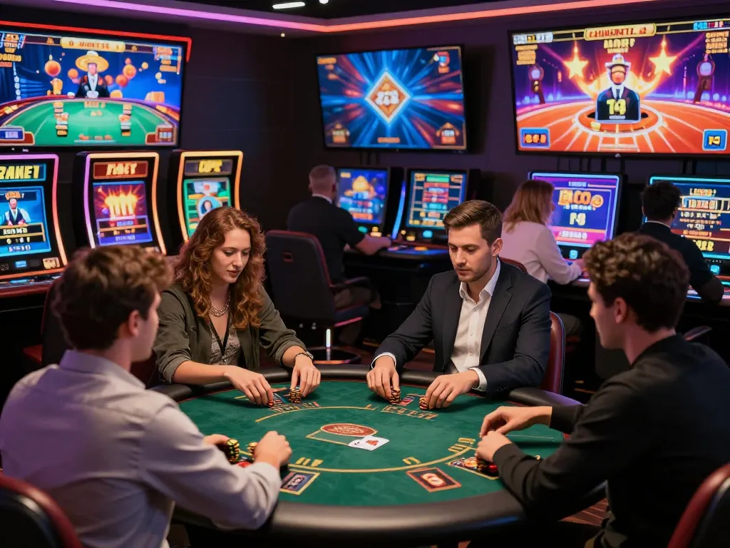 Exciting online casino gameplay at 23win with diverse players enjoying poker and slots in a vibrant virtual setting.