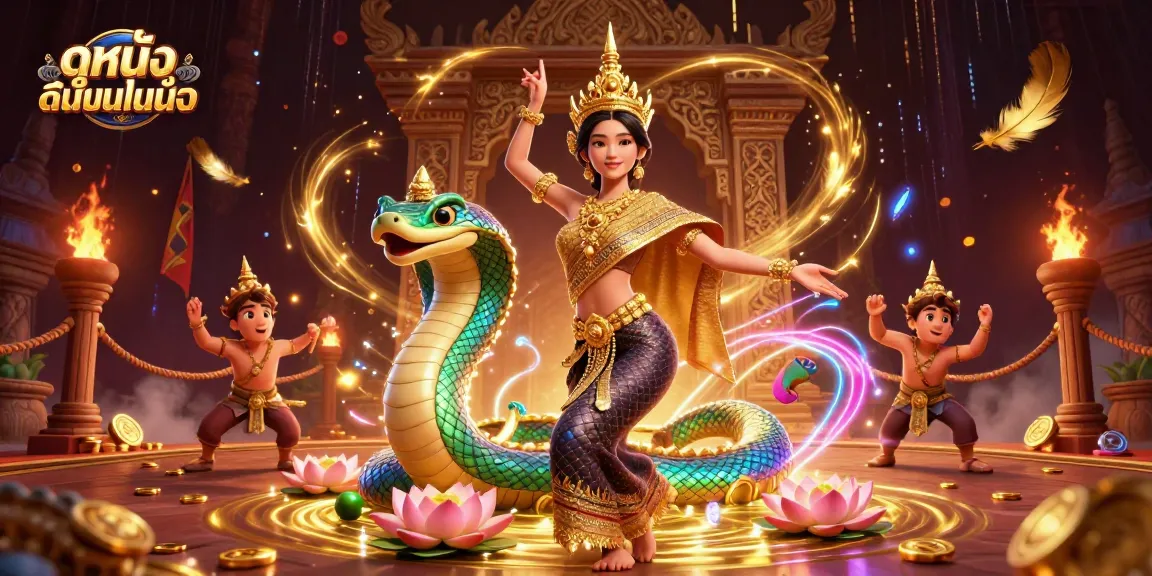 Watch ดูหนังออนไลน์ with a beautiful Thai dancer and vibrant Naga serpent in a dynamic casino atmosphere.