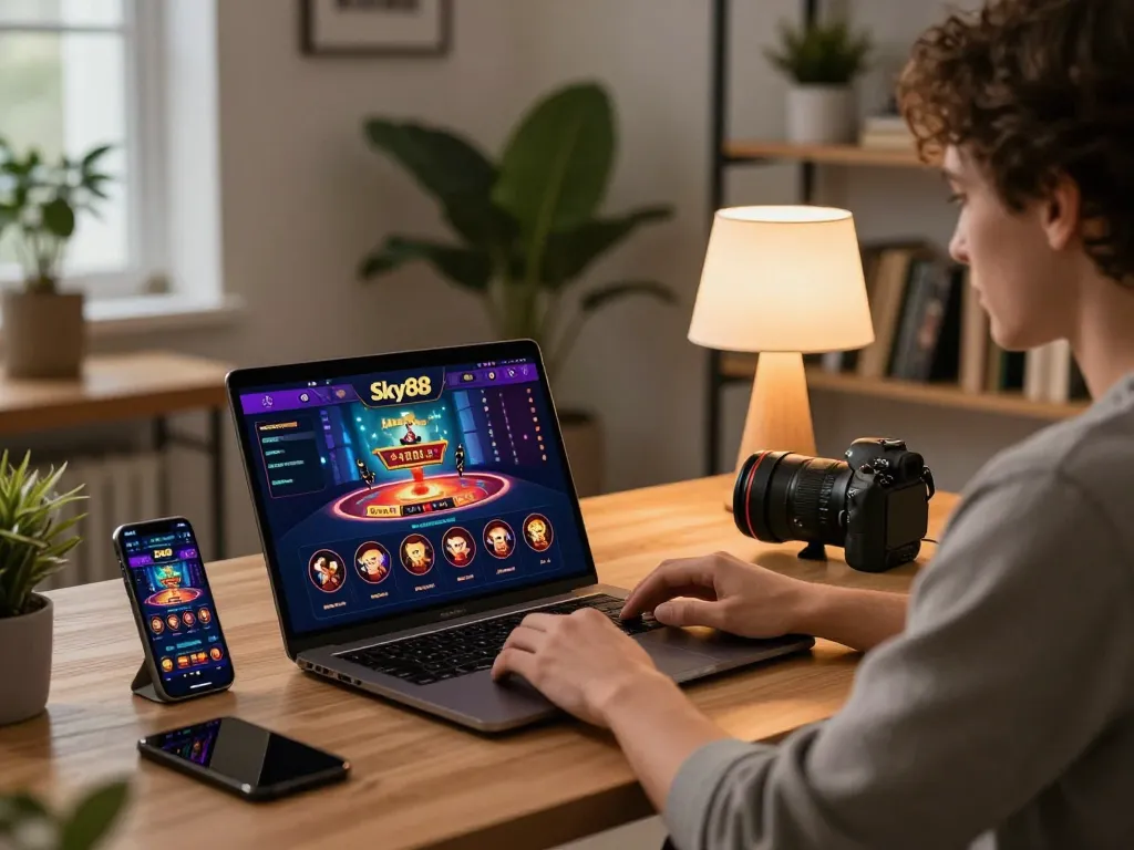 Engaging in Sky88 online casino gaming at home with stylish setup and warm ambiance