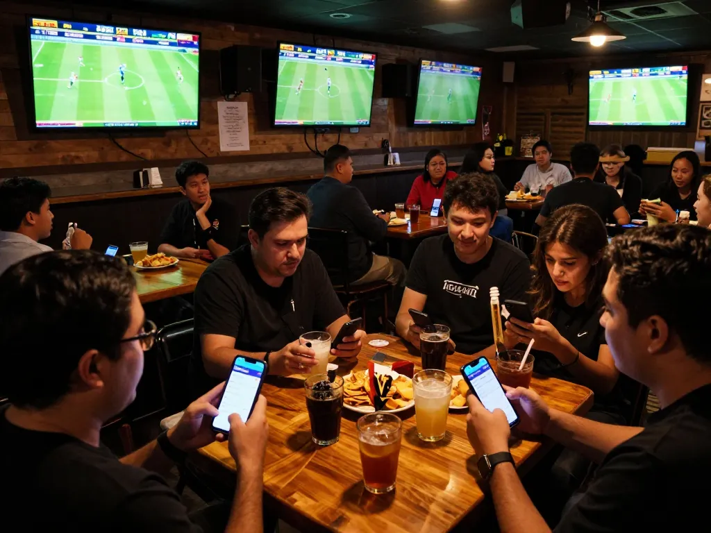 Bongdallu users excitedly placing bets at a vibrant sports bar during live matches.