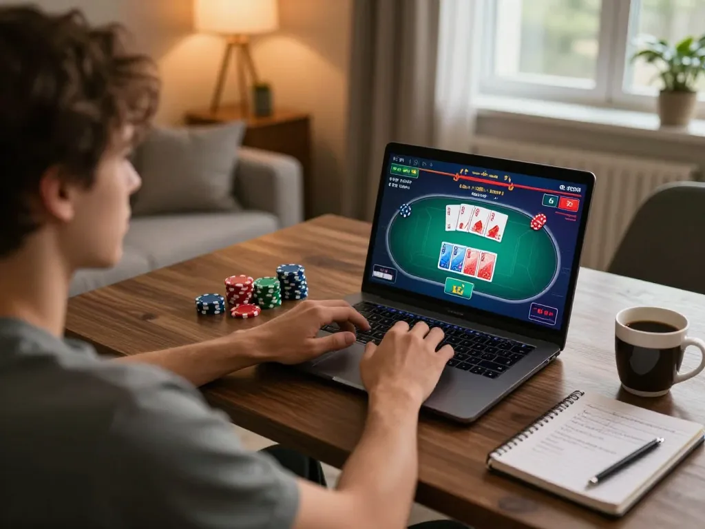 Player strategizing at tg887 poker game, showcasing home gaming setup with laptop display and notes.