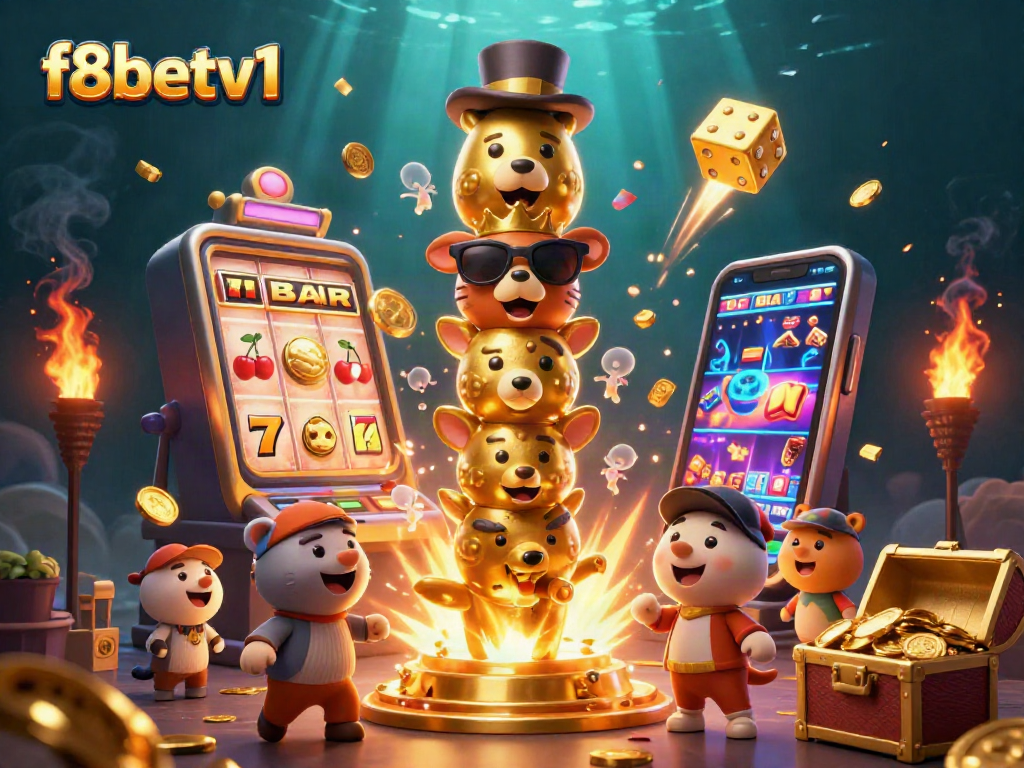 Experience excitement at f8betv1 with a vibrant casino scene featuring animated characters, jackpots, and game elements.