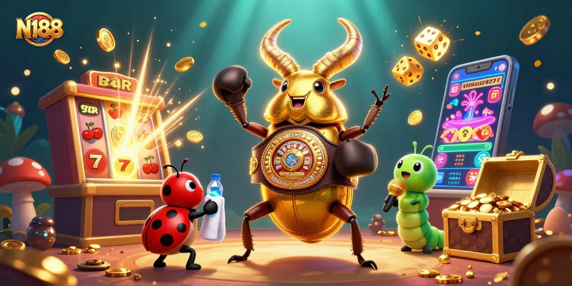 N188 showcases exciting casino fun with a golden stag beetle, symbols of fortune, and thrilling jackpots.