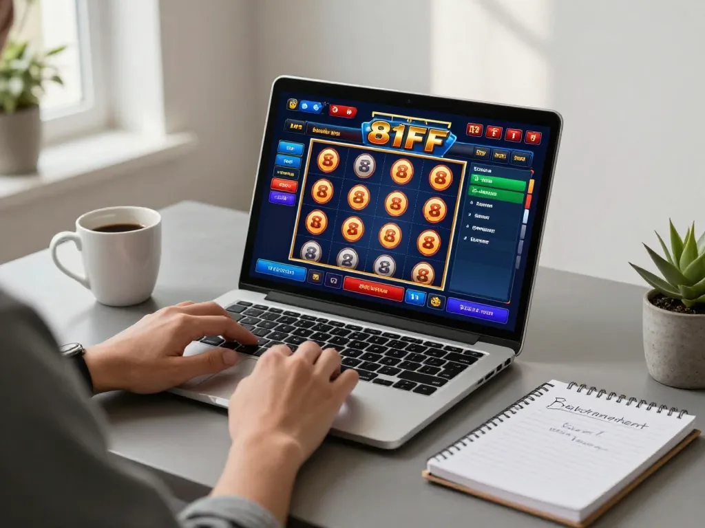 Engaging in online slots at 81ff while managing bankroll strategy with personal notes visible.