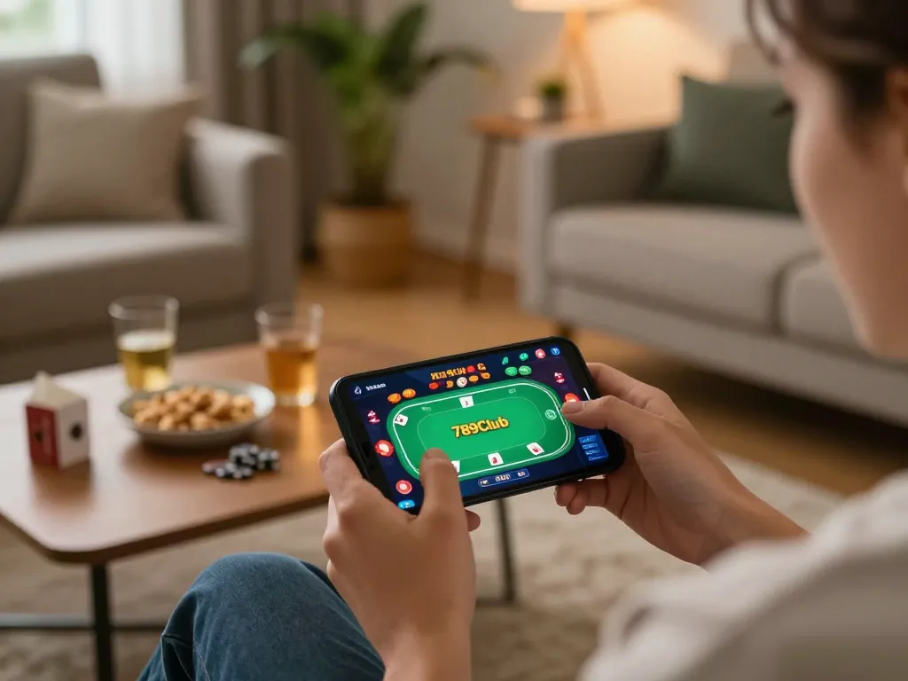 Player enjoying the 789Club app for exciting online poker gameplay in a cozy setting