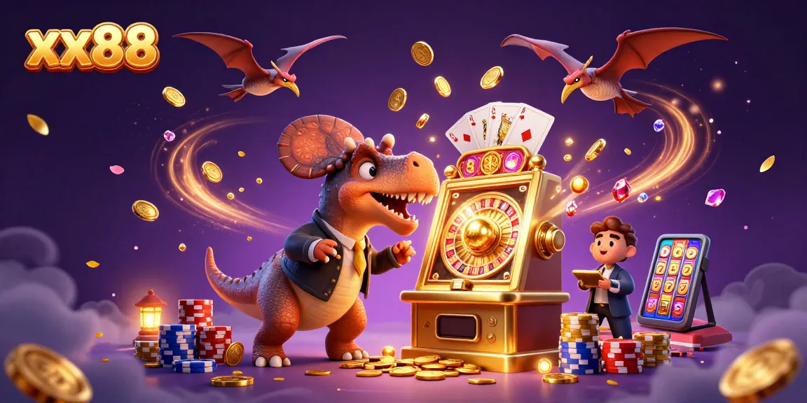 xx88 casino scene with a pachycephalosaurus winning a jackpot while coins and cards fly around