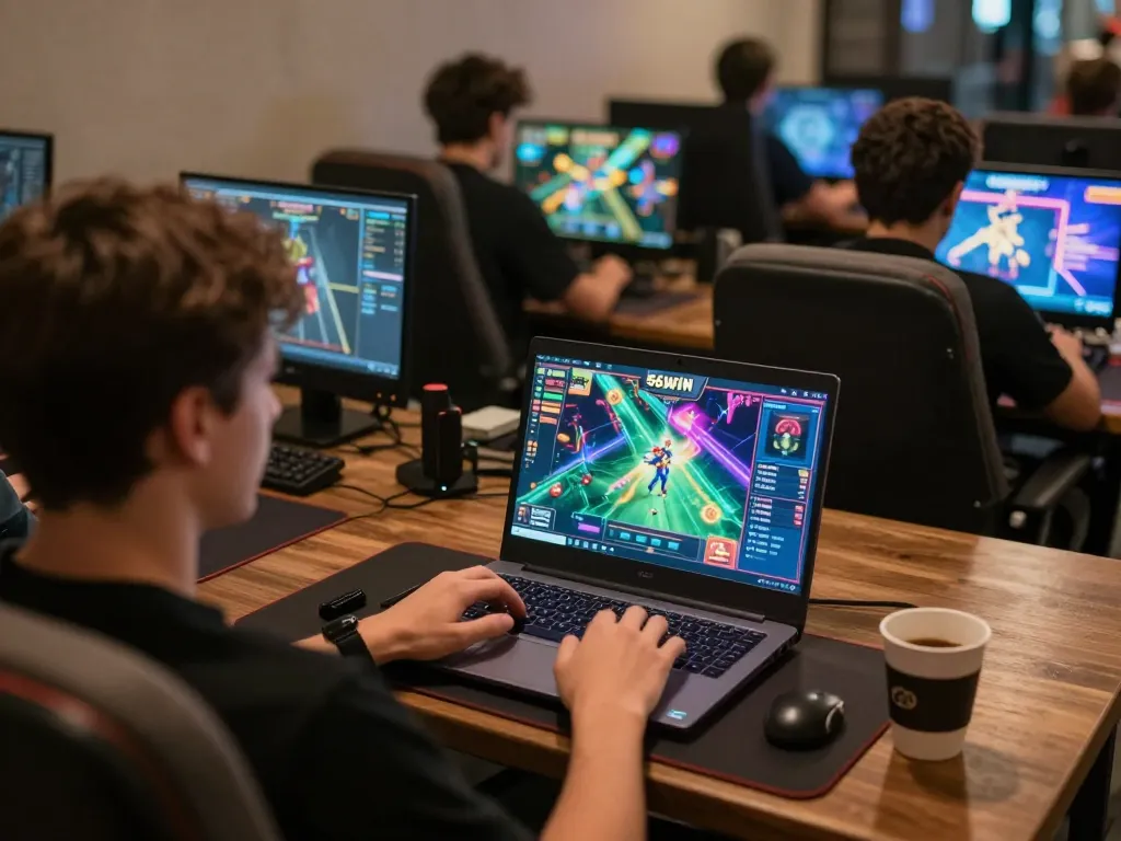 Engaging in online gaming at 56WIN with vibrant interface on laptop screen.