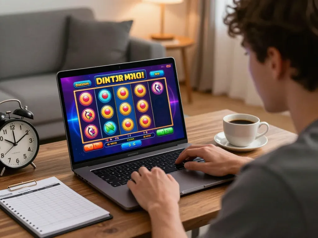 Bermain permainan link gacor di rumah, permainan slot modern di laptop dengan suasana yang nyaman.