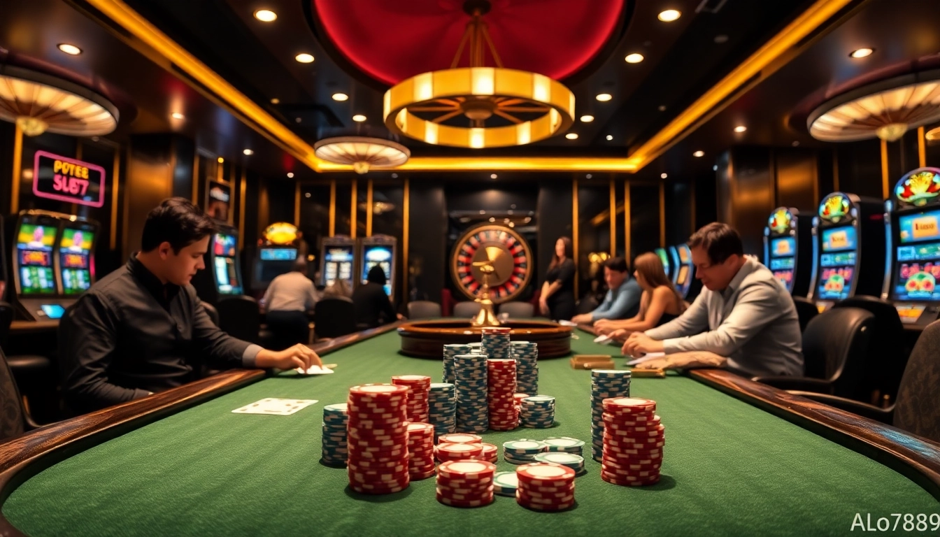 Experience high-stakes excitement at ALo789's luxurious poker table with vibrant chips and focused players.