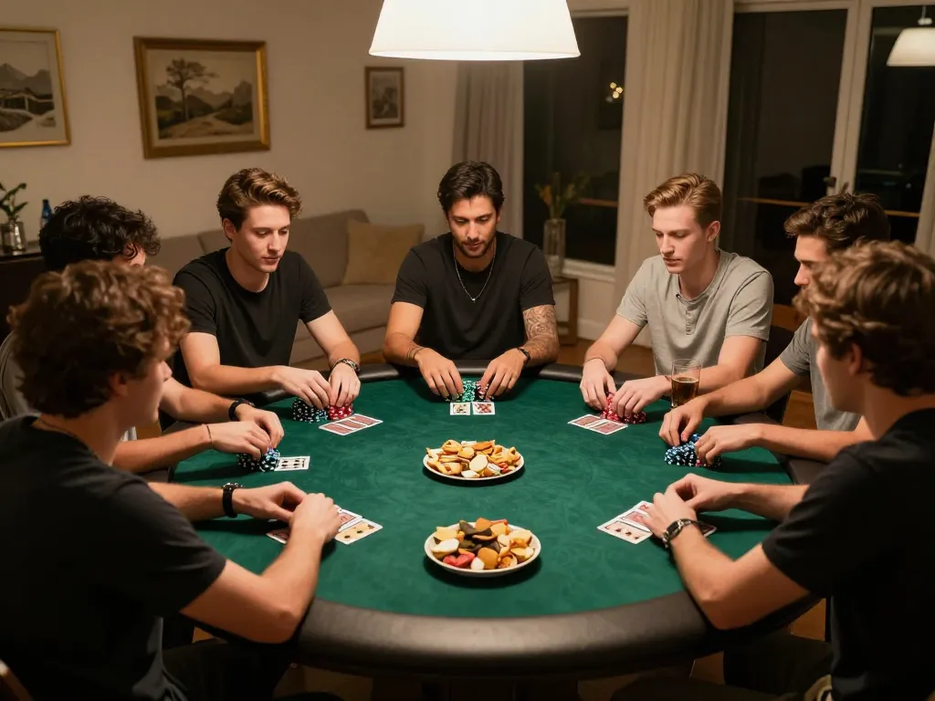 Enjoying a strategic poker game at home with pg88 friends, showcasing cards and chips.