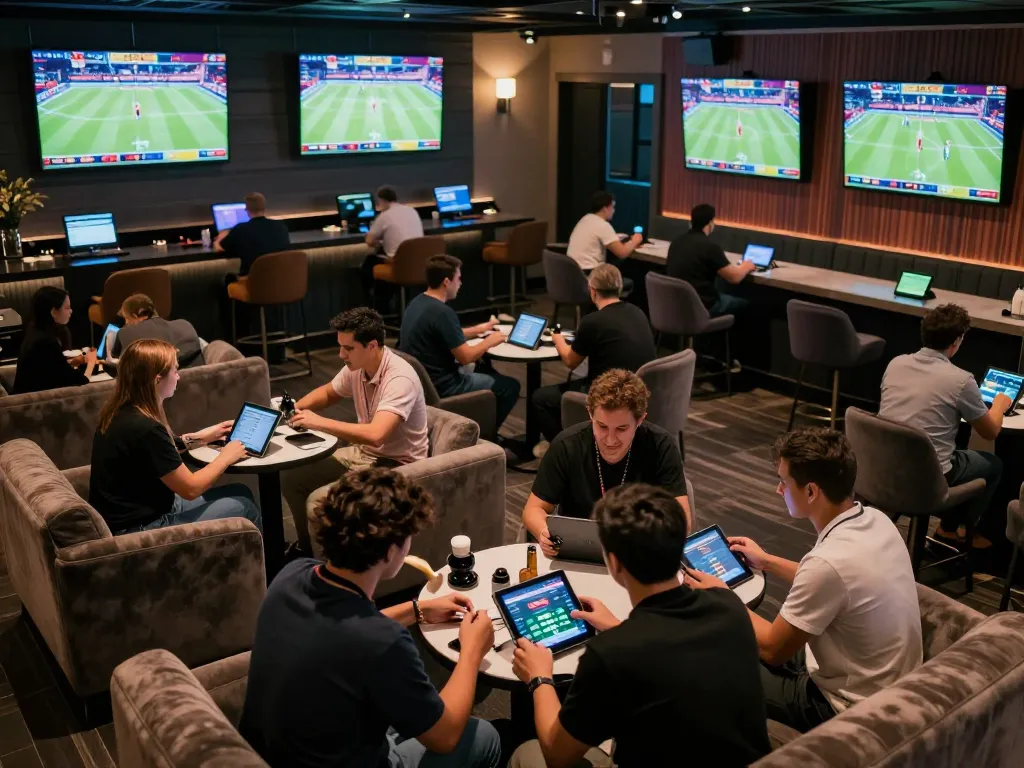 Engaged bettors analyzing live game stats in premium sports betting lounge, showcasing actionable insights at nowgoal.