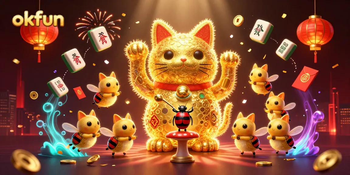 Experience luck with okfun as golden fireflies create a giant lucky cat in an animated casino scene.