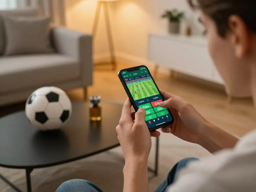 Excited user reviewing live odds on nhà cái FB88 mobile sports betting app at home