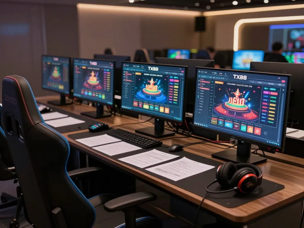 Player engaging with Tx88 online gaming interface on multiple screens in a stylish home office setup.