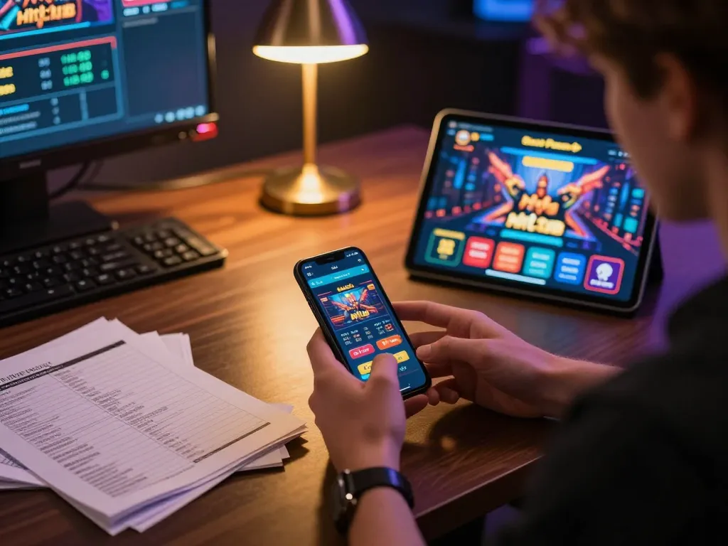 Hitclub user engaged in strategic online gaming action on smartphone and tablet.
