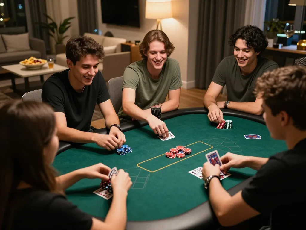 Friends enjoying a lively poker game at home, engaging with Bay789's online gaming strategy